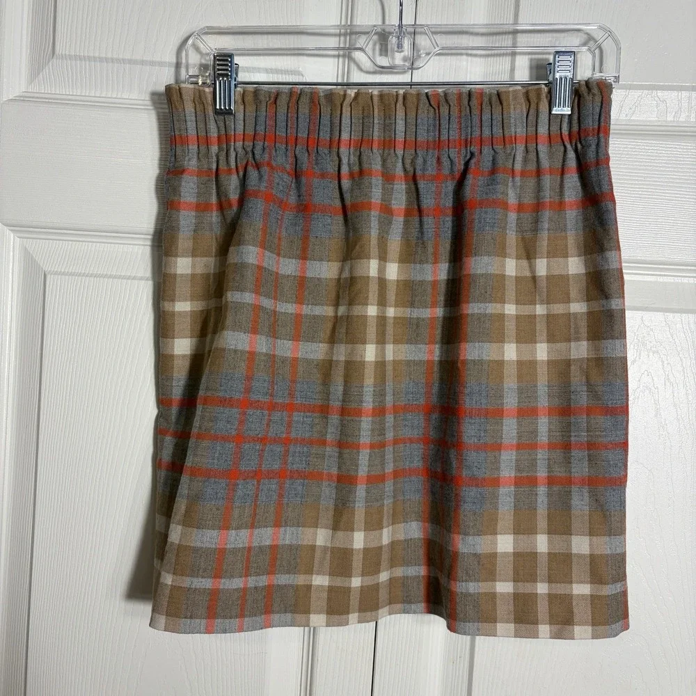 J Crew Plaid Mini Skirt Women 4 Brown Red Tan Wool Blend Tartan Plaid Pull On